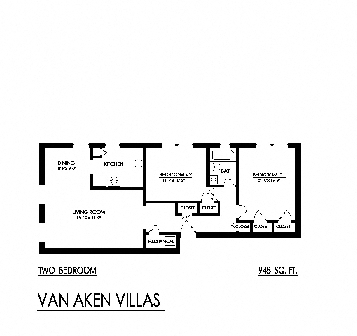 Floor plan for 2 beds, 1 bath, 948 sqft